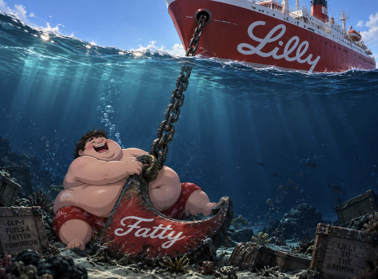 Fatty sits on the ocean floor holding an anchor attached to a ship labelled Lilly.