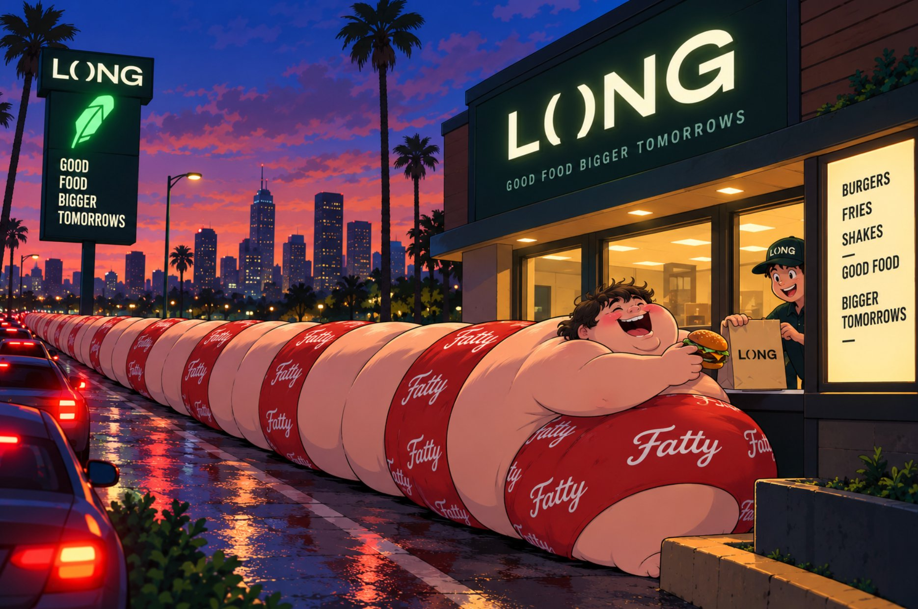 A queue of Fatty characters stretches down the LONG drive-through.