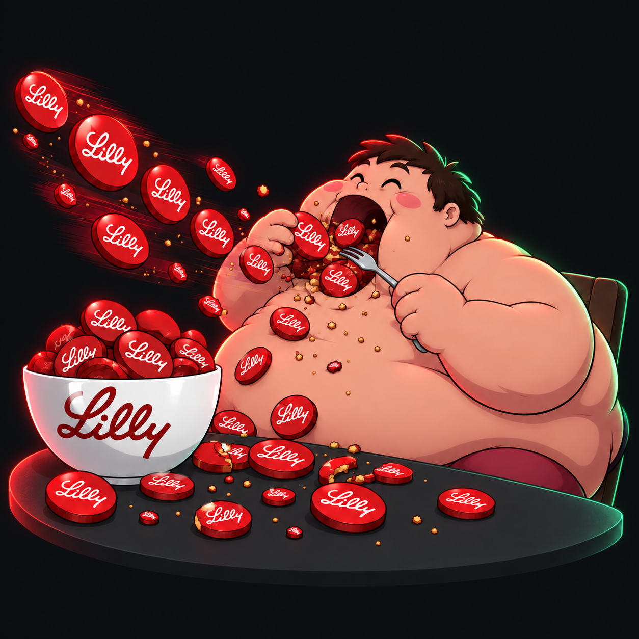 Fatcoin’s brown-haired cartoon character feasting on flying red Lilly coins from an overflowing bowl.
